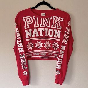 New! PINK (Victoria’s Secret) Red & White, Long-Sleeve, Cropped Shirt. Size XS.